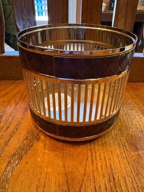 Bath & Body Works Gold Metal Candle Holder Brown Woven 3 Wick Sleeve Decor
